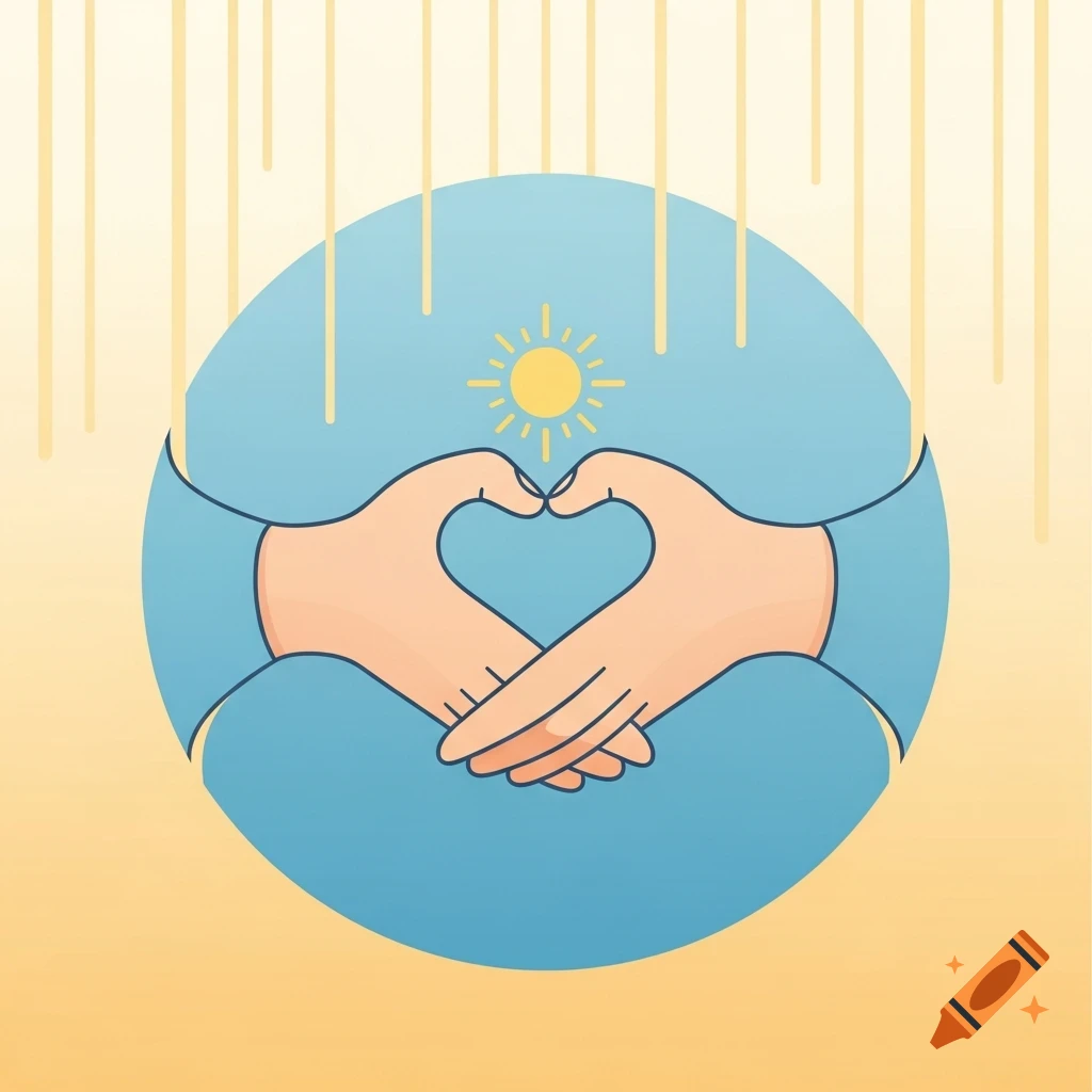 Illustration of two stylized hands forming a heart inside a soft blue circle, with a small yellow sun above, on a yellow background.