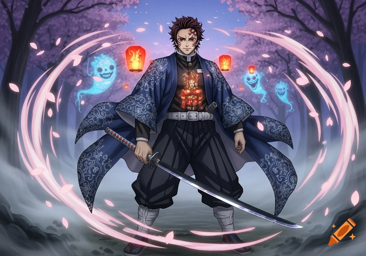 Anime warrior with red eyes and a patterned blue haori holding a black sword, surrounded by cherry blossoms, lanterns, and blue spirits in a mystical forest.