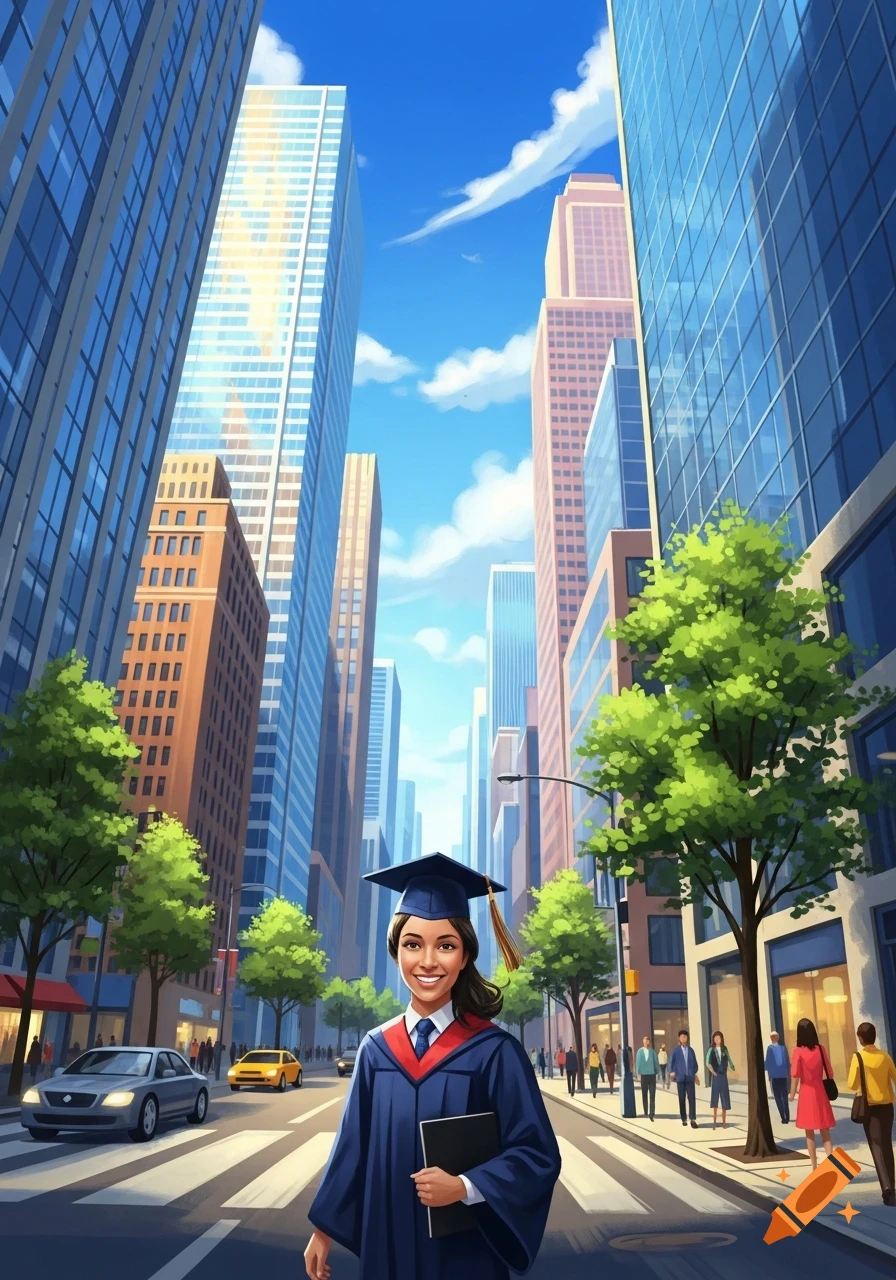 A smiling female college graduate in a cap and gown stands on a city street with tall buildings and cars.