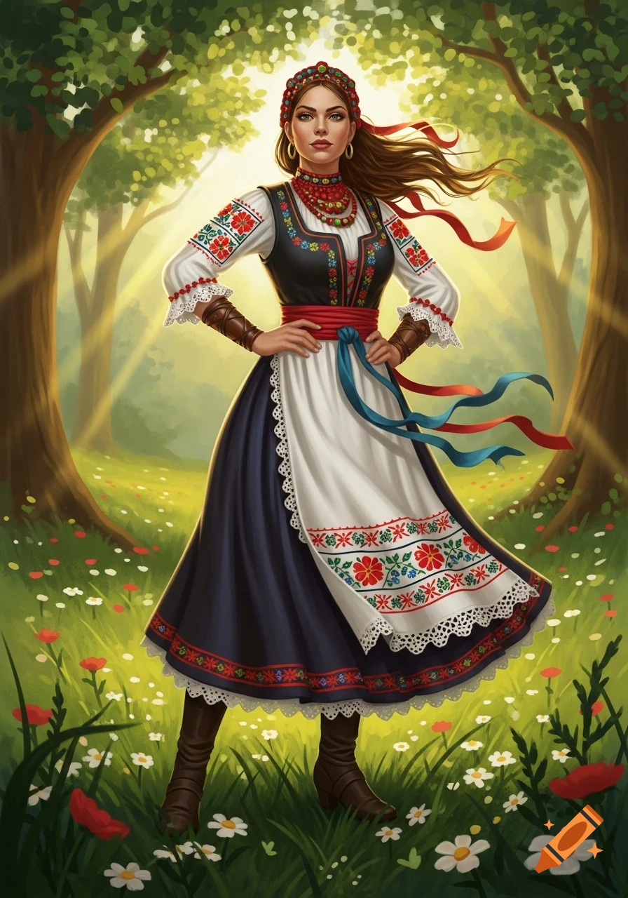 A strong woman in a colorful, embroidered folk dress and headpiece stands confidently in a sunlit meadow.