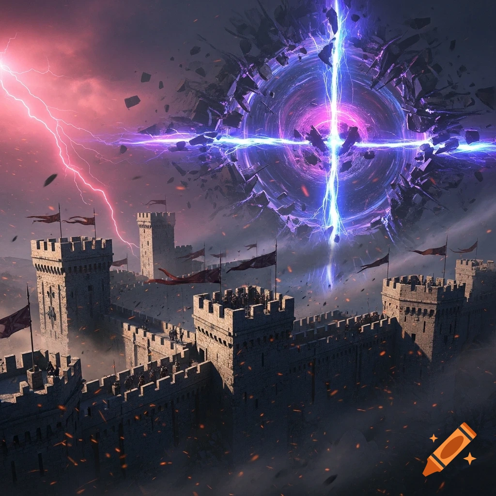 A stone fortress with red flags is being destroyed by a glowing purple and blue rift in a stormy sky, with red lightning.