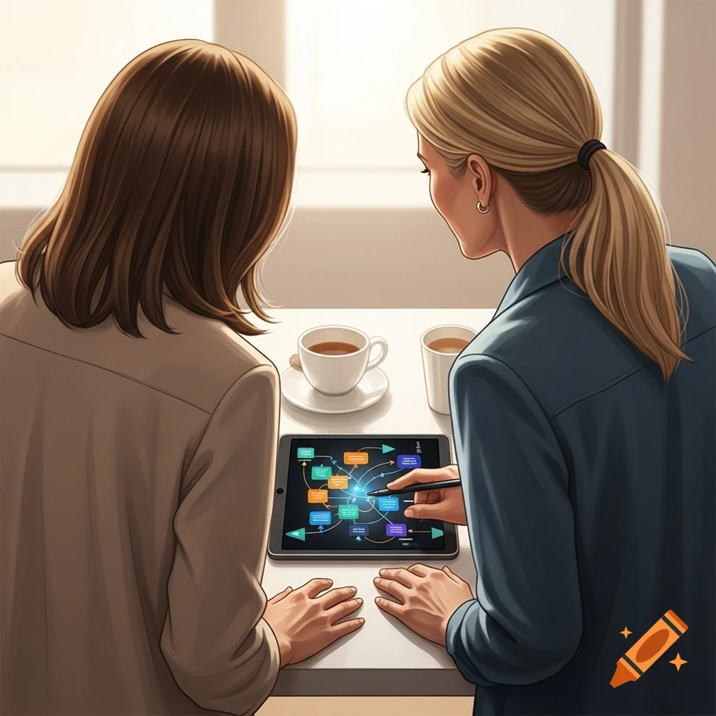 Two women, seen from behind, reviewing a colorful digital strategic diagram on a tablet at a table with coffee cups, in an illustrative style.