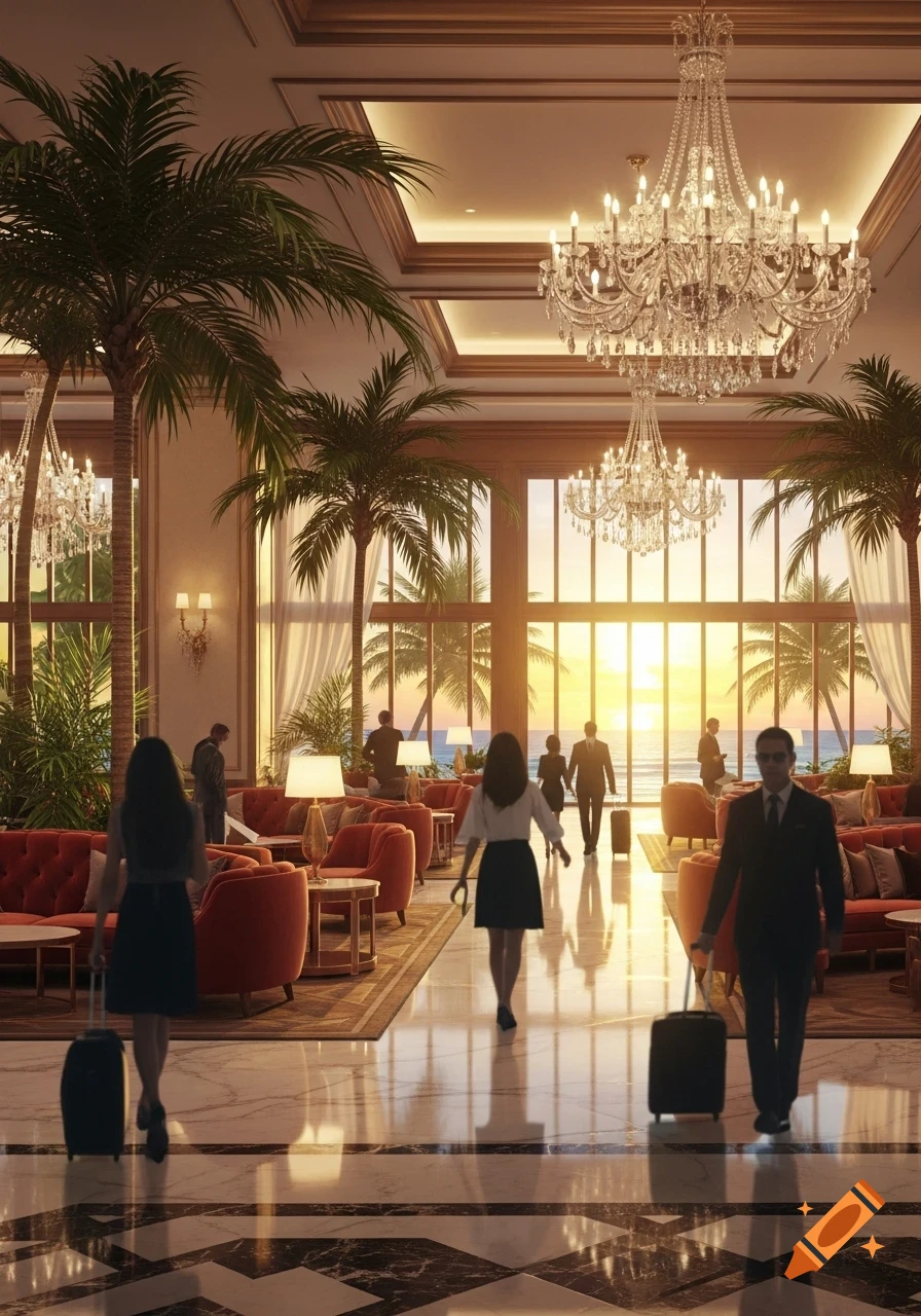Photorealistic image of a grand hotel lobby at sunset with palm trees, chandeliers, guests, and ocean views.