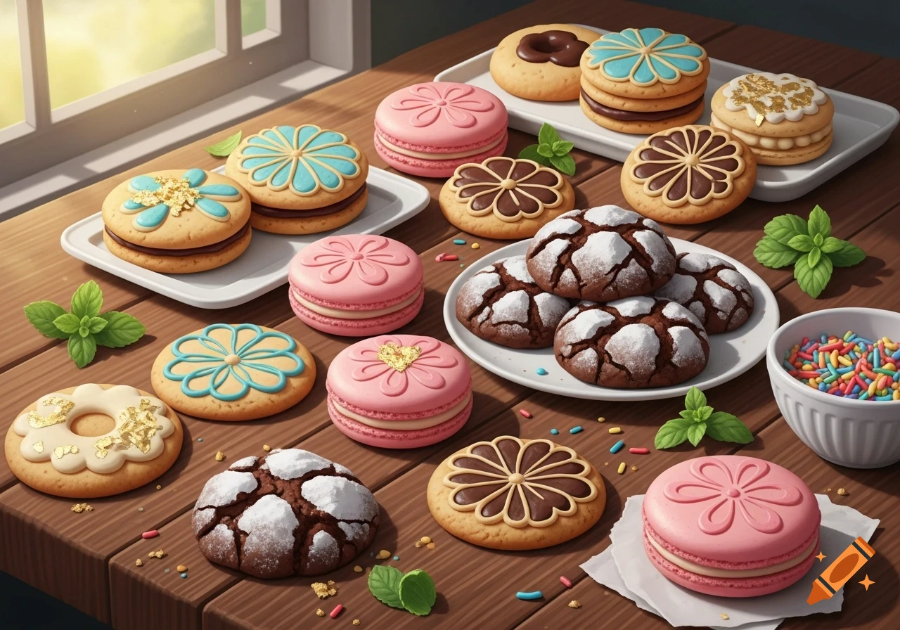 A photorealistic close-up of a spread of various cookies, including chocolate crinkle cookies, pink macarons, and decorated shortbreads, on a wooden table.
