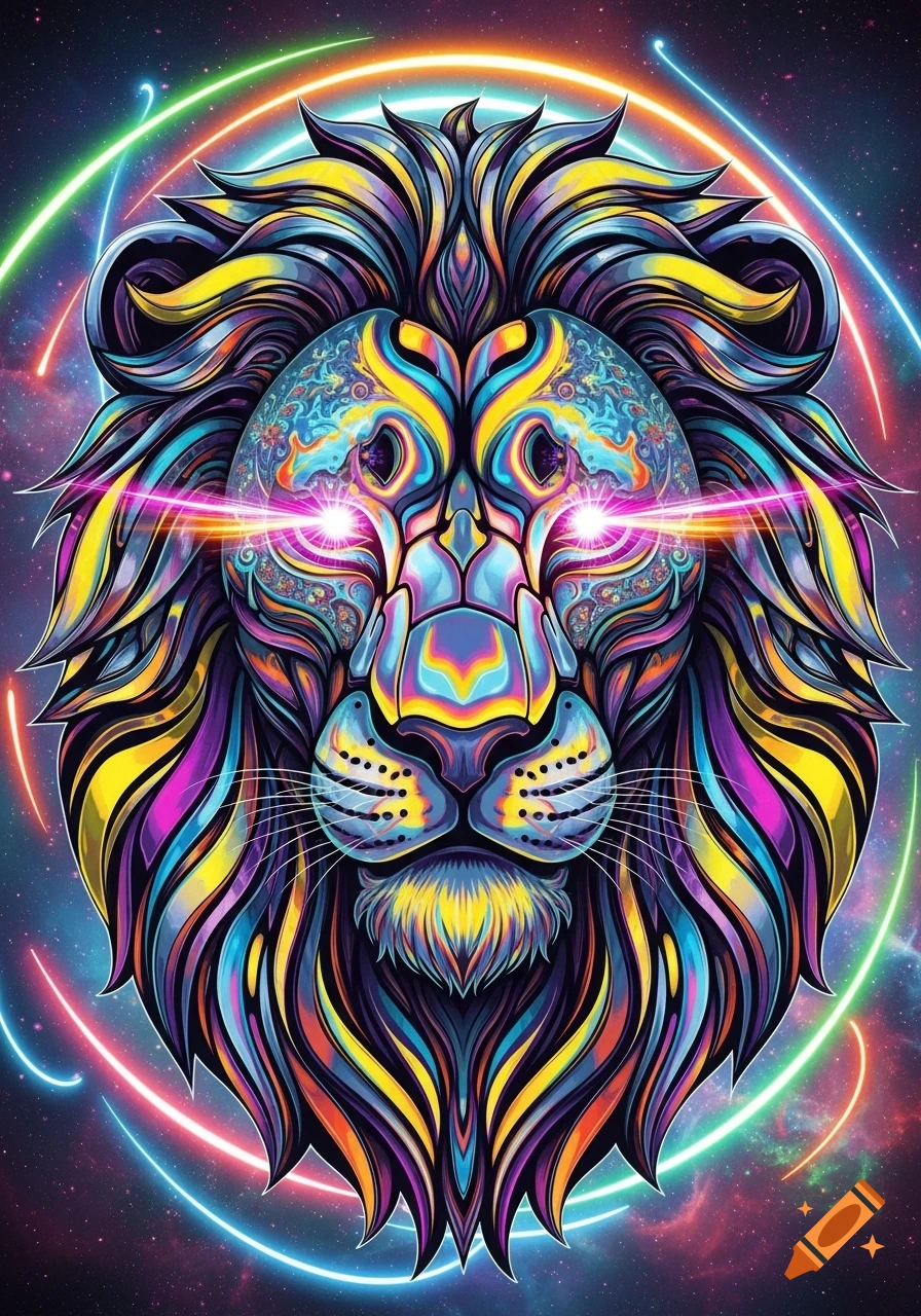 A vibrant, psychedelic lion's head with glowing eyes and neon rings, set against a starry cosmic background.