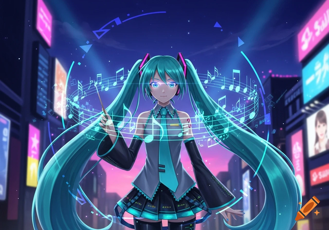 Hatsune Miku conducts with a baton, surrounded by glowing musical notes in a neon futuristic city, anime style.