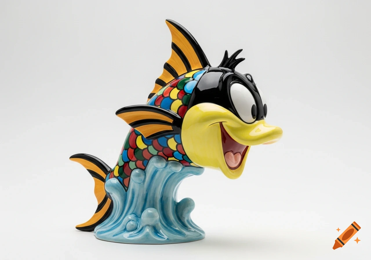 A whimsical ceramic sculpture of a Looney Tunes-style duck head on a colorful fish body, jumping out of blue water on a white background.