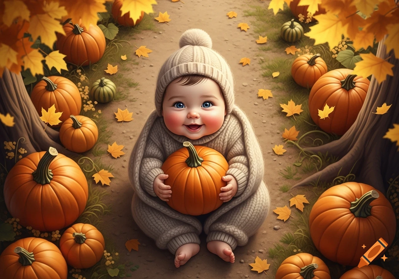 A cute baby in a knitted outfit sits on a dirt path, holding a pumpkin, surrounded by autumn leaves and more pumpkins.