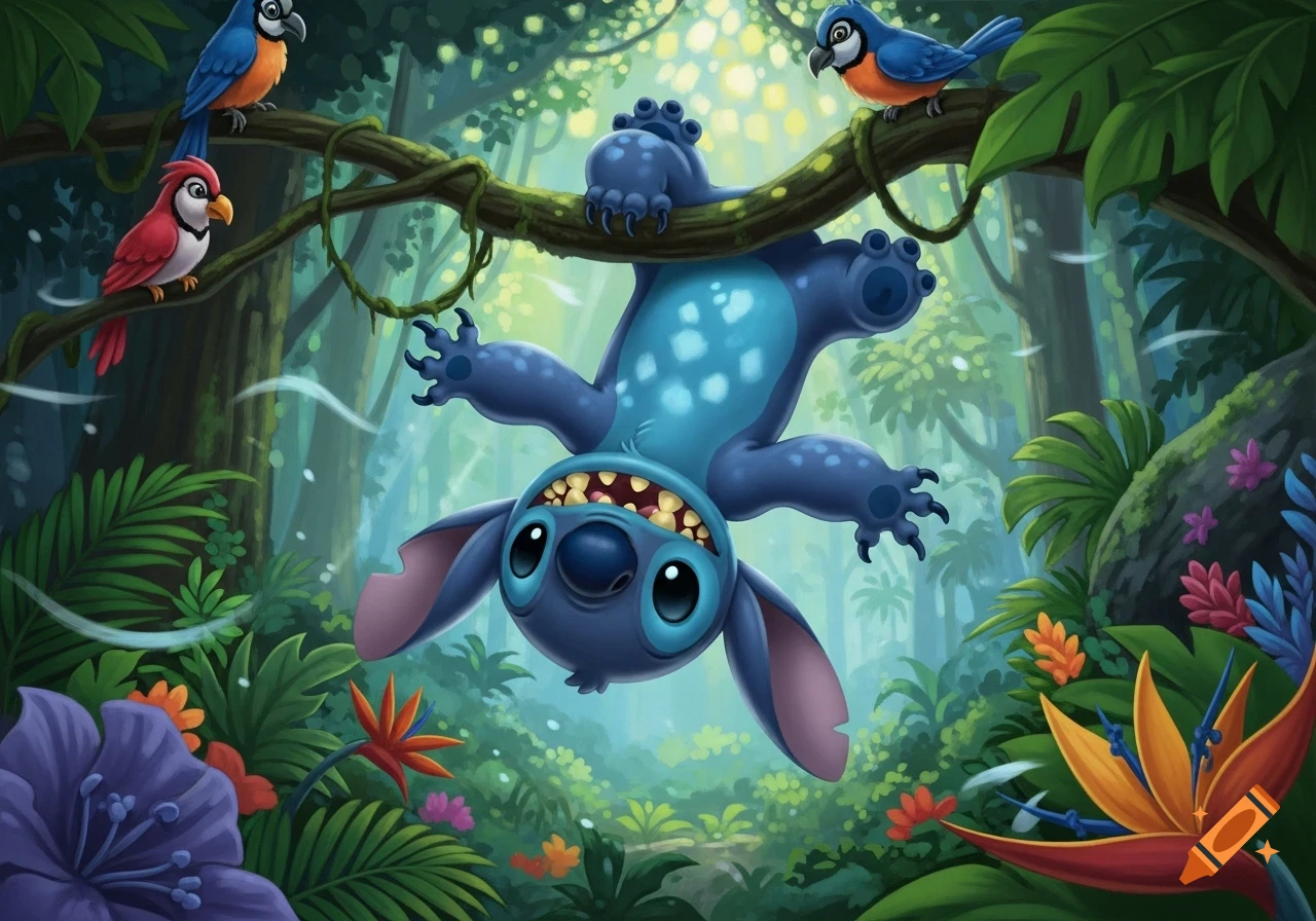 Stitch hangs upside down from a vine in a vibrant jungle, surrounded by colorful birds and tropical flowers.