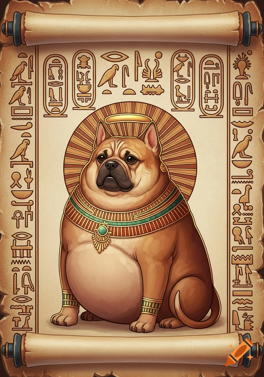 Stylized illustration of a plump dog in ancient Egyptian attire with a sun disk, on a scroll surrounded by hieroglyphics.