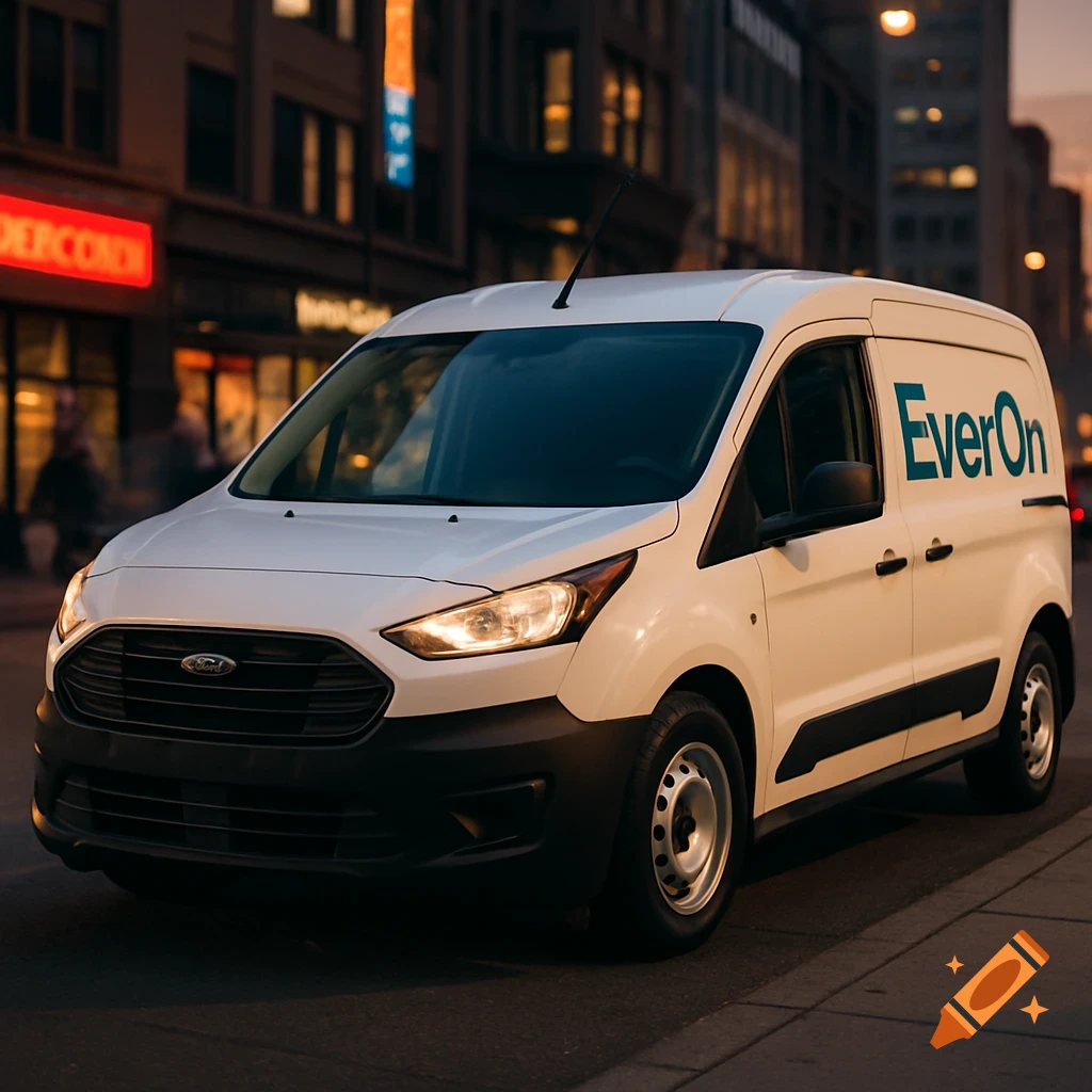 A white Ford Transit Connect delivery van with an "EverOn" logo on its side is parked on a city street at dusk, photorealistic.