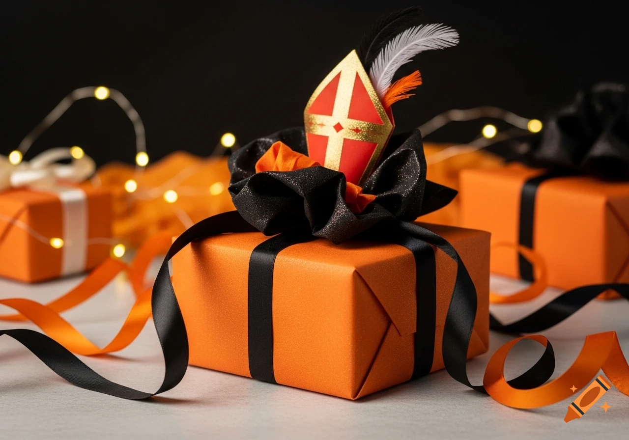 A Sinterklaas surprise gift, wrapped in orange with black ribbons, topped with a red and gold miter with feathers. Bokeh lights in the background.