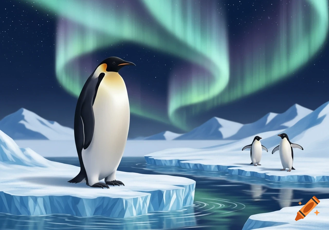 A large emperor penguin stands on an ice floe, with two smaller penguins behind, set against an icy landscape and an aurora borealis sky. Illustrated.
