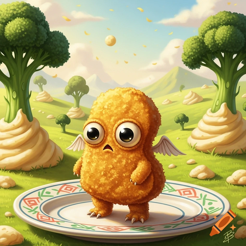 A cute, sad-looking, mutated dino nugget creature with wings and big eyes stands on a plate in a whimsical landscape with broccoli trees.
