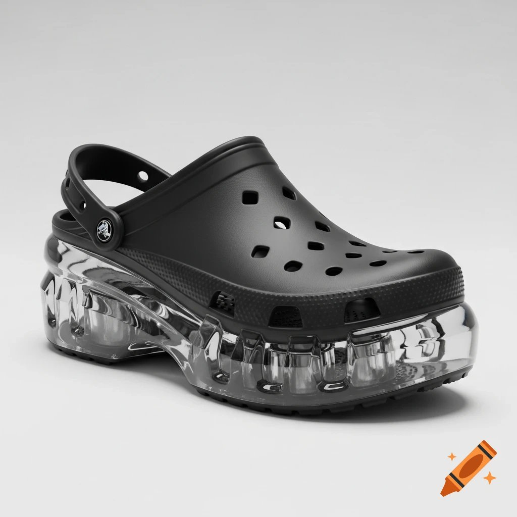 A black Croc-style shoe with an exaggerated, chunky clear glass platform sole, in a brutalist 3D render style.