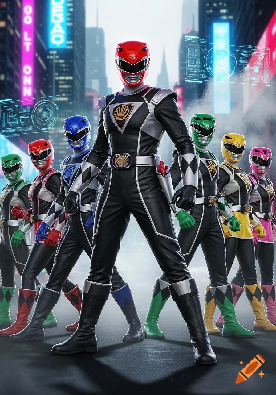 A group of Power Rangers in black and colored suits with helmets stands in a futuristic city with neon lights.