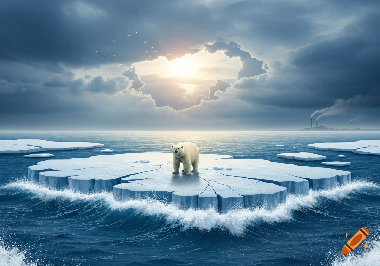 A polar bear stands on a cracking ice floe in a vast ocean, with factories in the distance under a dramatic sky.