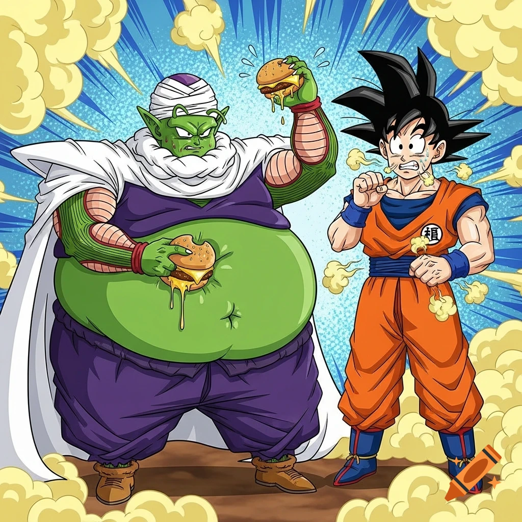 Obese Piccolo from Dragon Ball Z pulls a cheeseburger from a fat roll as a disgusted Goku gags, in a cartoon style.