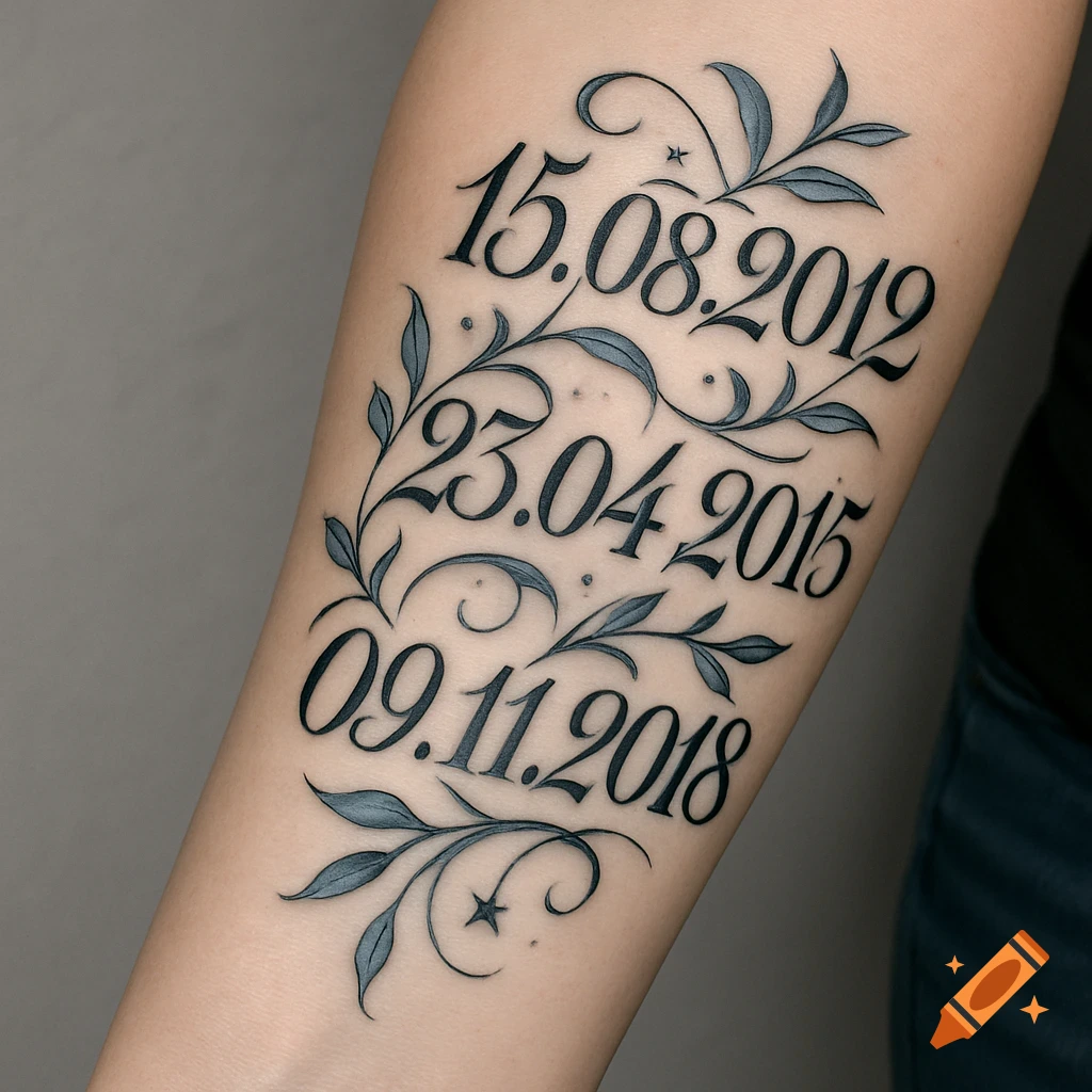 Close-up of an arm tattooed with three dates and delicate leafy vines.