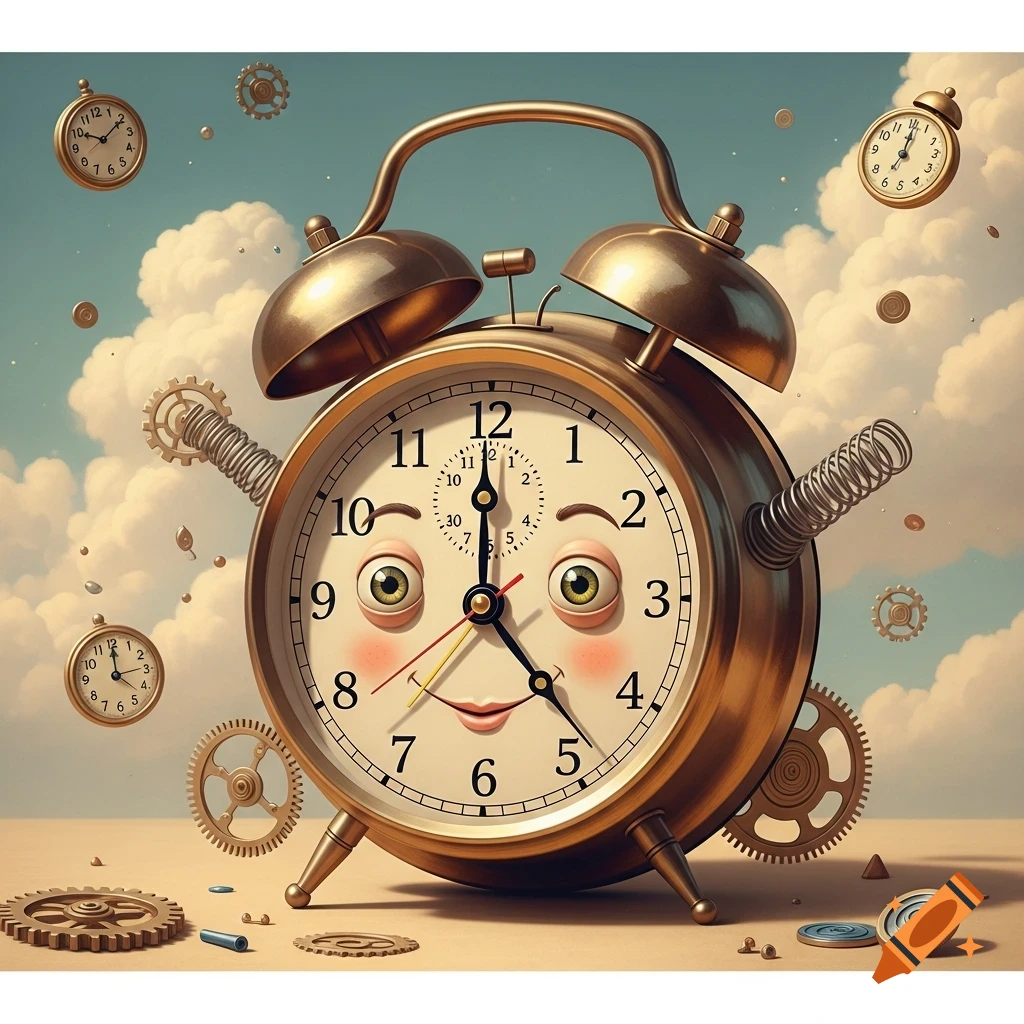 Whimsical anthropomorphic brass alarm clock with a smiling face, surrounded by floating clocks and gears under a cloudy sky.