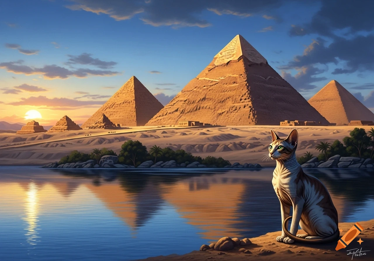 A Sphynx cat sits by a river, looking towards ancient Egyptian pyramids and a sunset in an illustrative style.