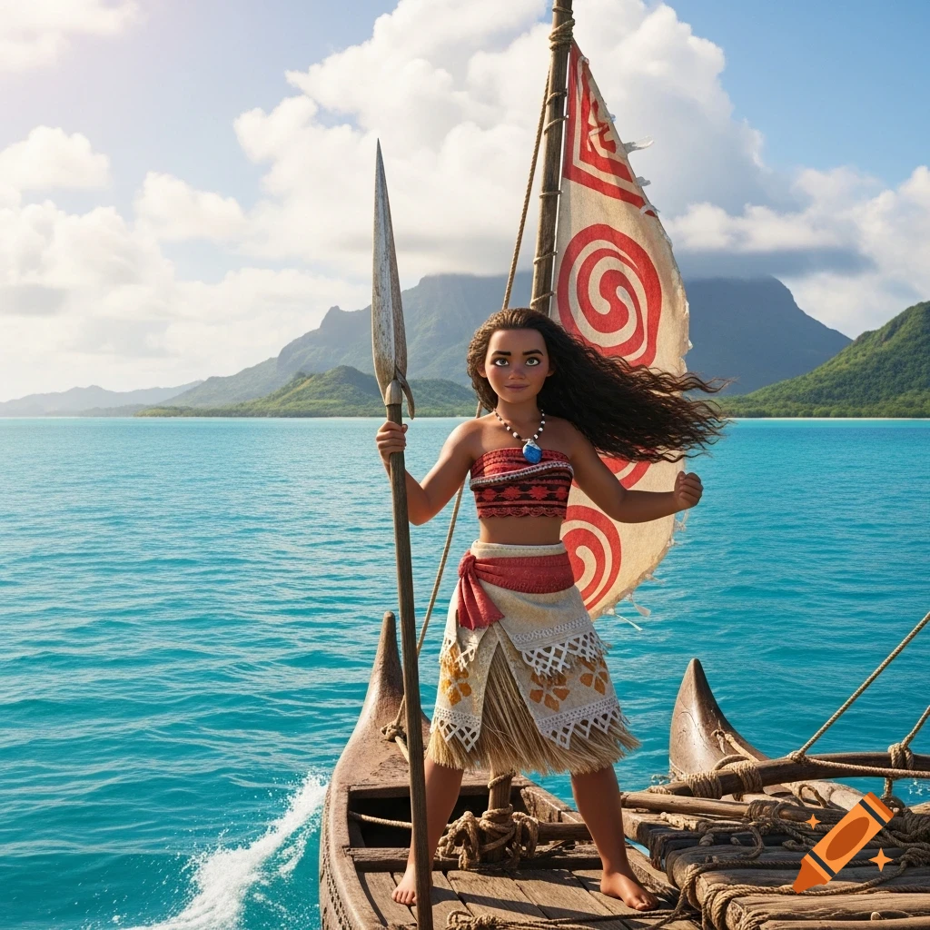 Moana stands confidently on a traditional Polynesian outrigger canoe, holding a spear, with a tropical ocean and mountains in the background.