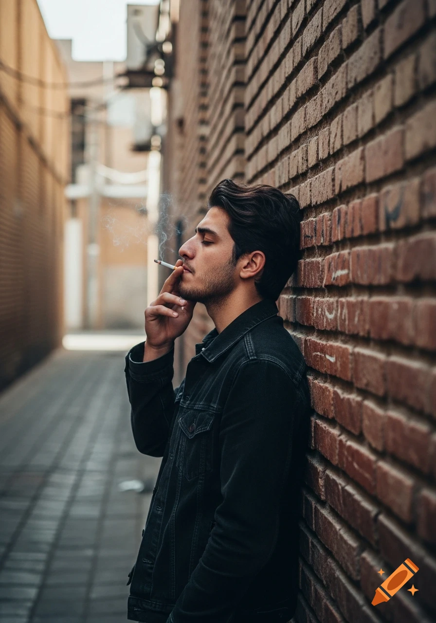 A young man with dark hair and a beard, wearing a black denim jacket, leans against a brick wall in an alley, smoking a cigarette in a photorealistic style.