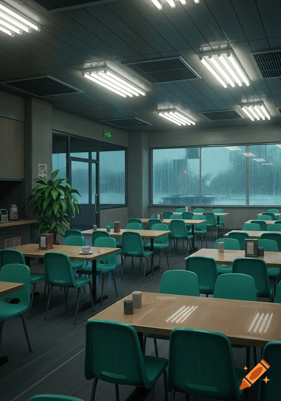 An empty cafeteria with rows of teal chairs and light brown tables. Large windows show a rainy exterior, and fluorescent lights illuminate the room.