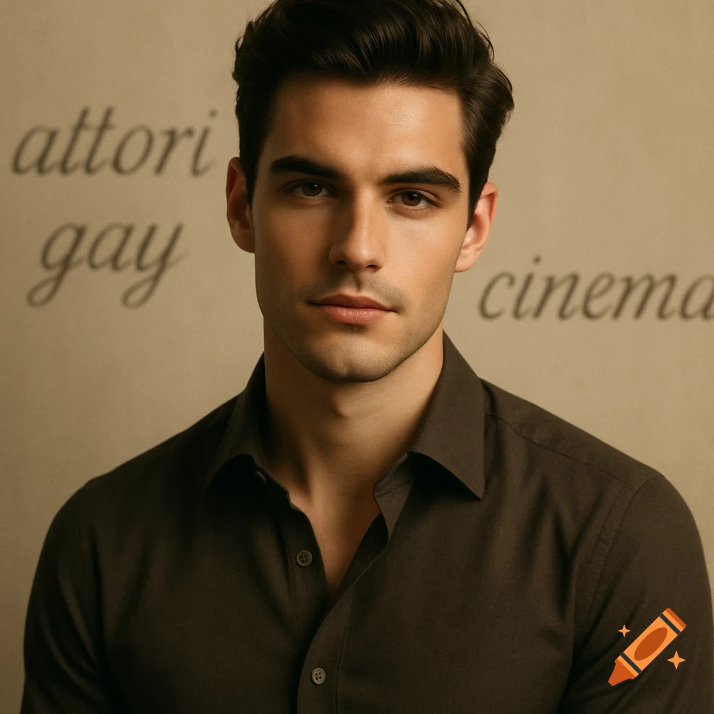 Photorealistic portrait of a handsome young man in a dark shirt, with the words 'attori gay cinema' subtly in the background.