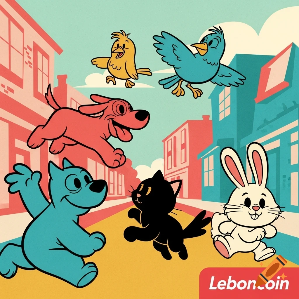 Retro cartoon with a red dog, blue dog, black cat, white rabbit, and two birds on a city street, with the 'Leboncoin' logo.