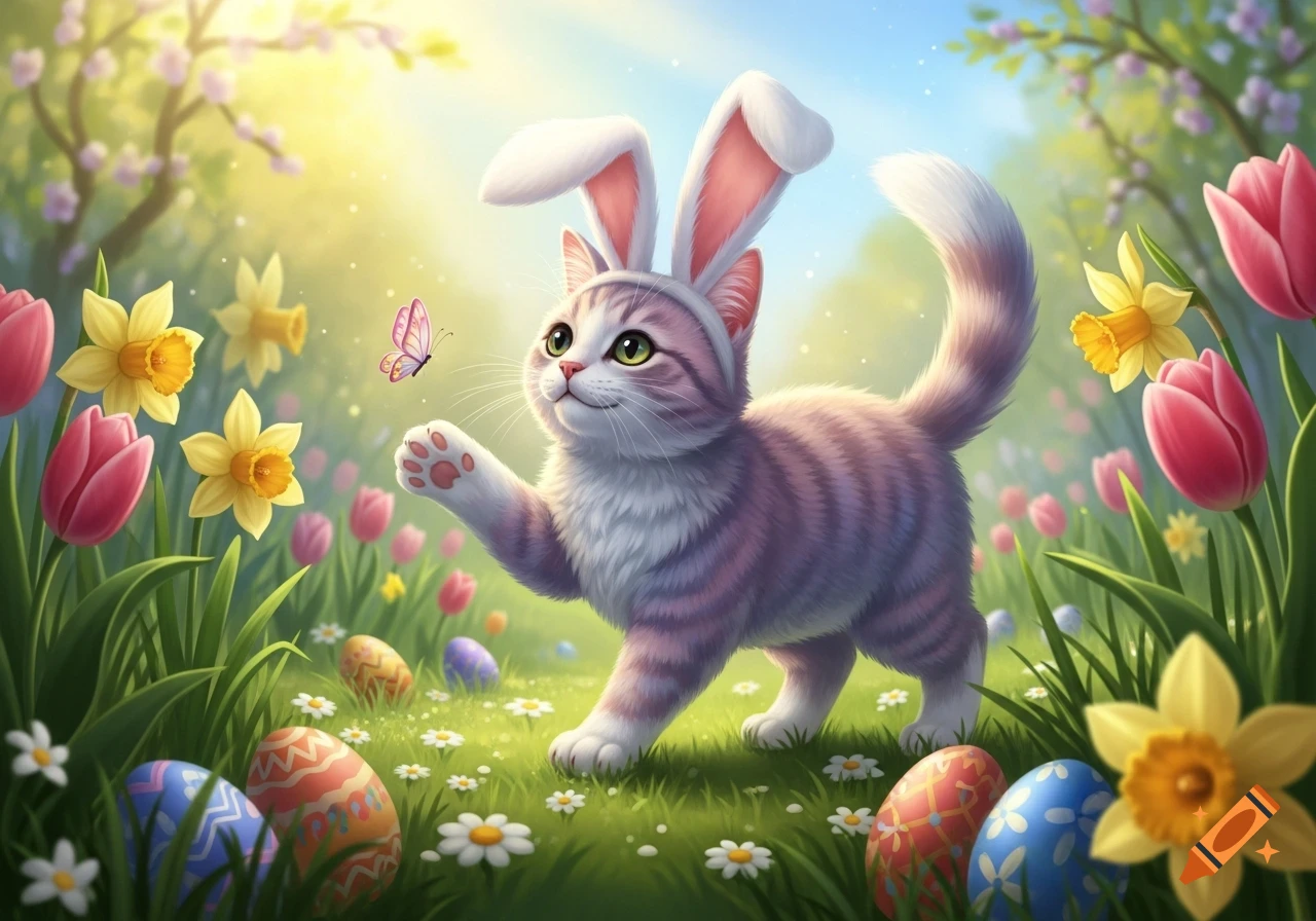 A cute cartoon cat with bunny ears reaching for a butterfly in a sunny spring field with flowers and Easter eggs.