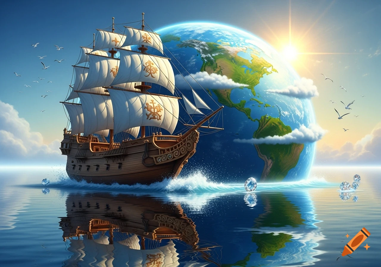 A majestic wooden sailing ship with white sails on calm blue water, in front of a huge Earth and bright sun. Seagulls fly overhead.