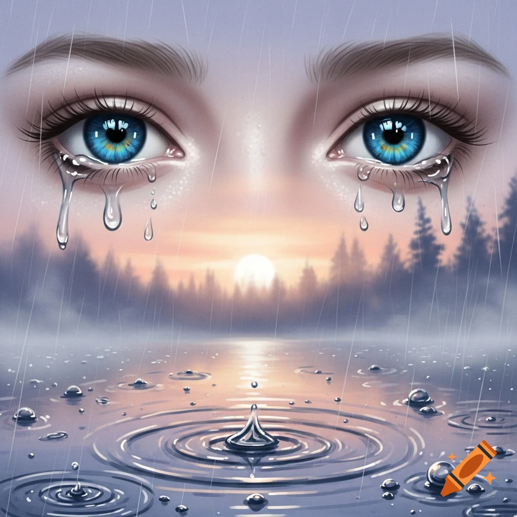 Close-up of vibrant blue eyes crying tears that merge with falling raindrops, reflecting a sunset over a tranquil lake and distant forest.
