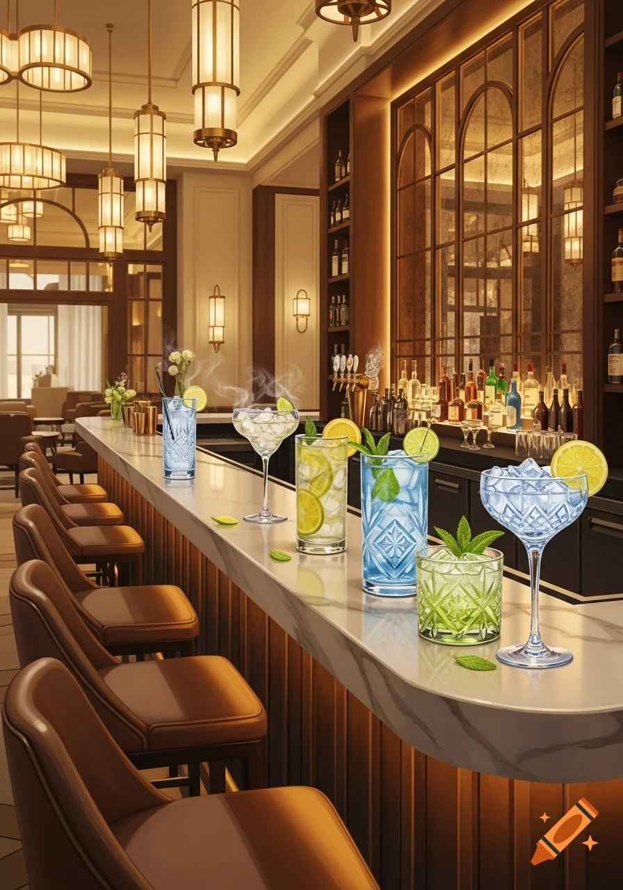 A stylish hotel lobby bar with multiple cocktails, adorned with lime and mint, on a marble counter and bar stools in the foreground.