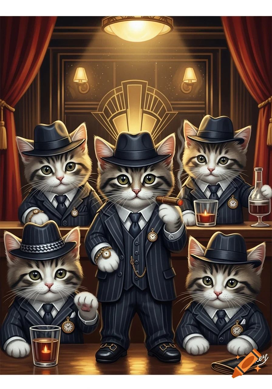 Five cute anthropomorphic tabby cats dressed in pinstripe suits and fedoras, posing like mob bosses in an art deco bar, with drinks and a cigar.