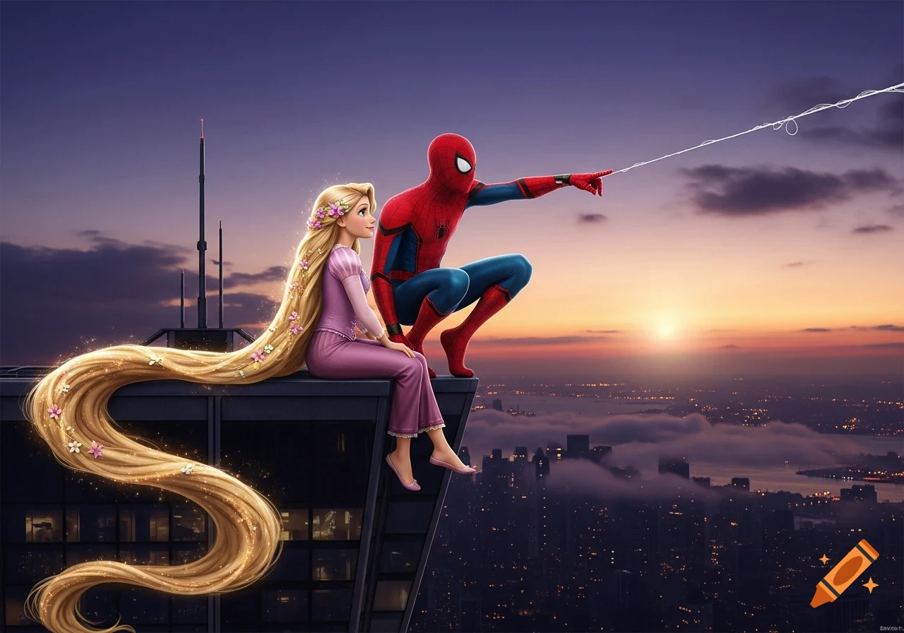 Rapunzel with long braided hair sits beside Spiderman, who is pointing, on a skyscraper at sunset over a city.