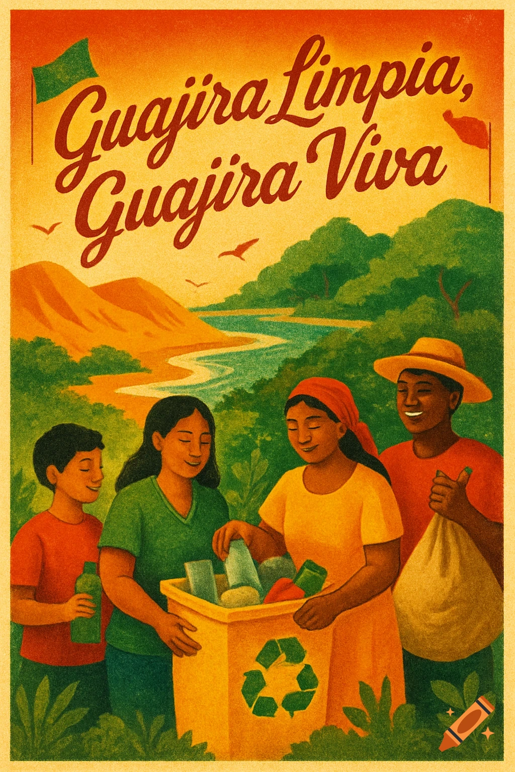 An illustrated poster shows four people, including a child, happily sorting trash into a recycling bin by a river with hills and trees. Text: Guajira Limpia, Guajira Viva.