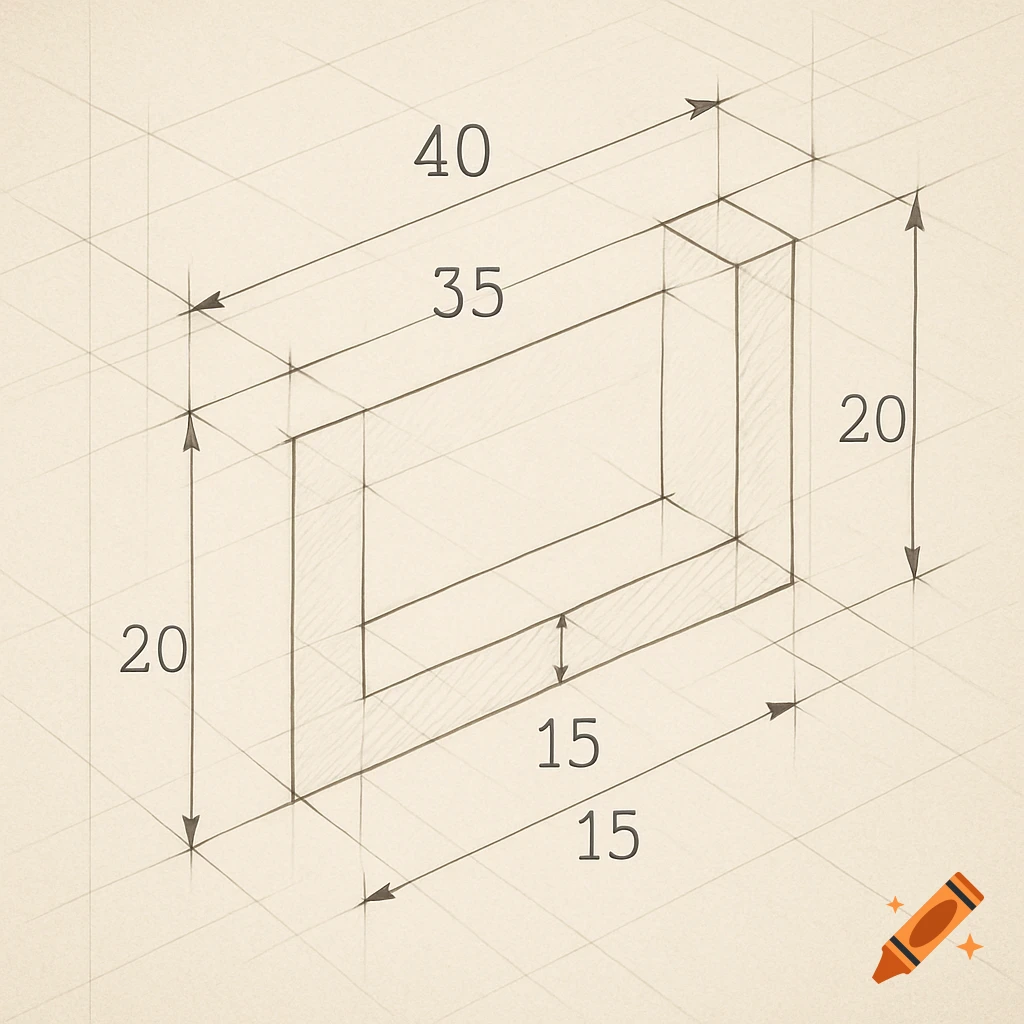 Isometric technical drawing of a rectangular object with dimension lines showing measurements like 40, 35, 20, and 15 on a grid.