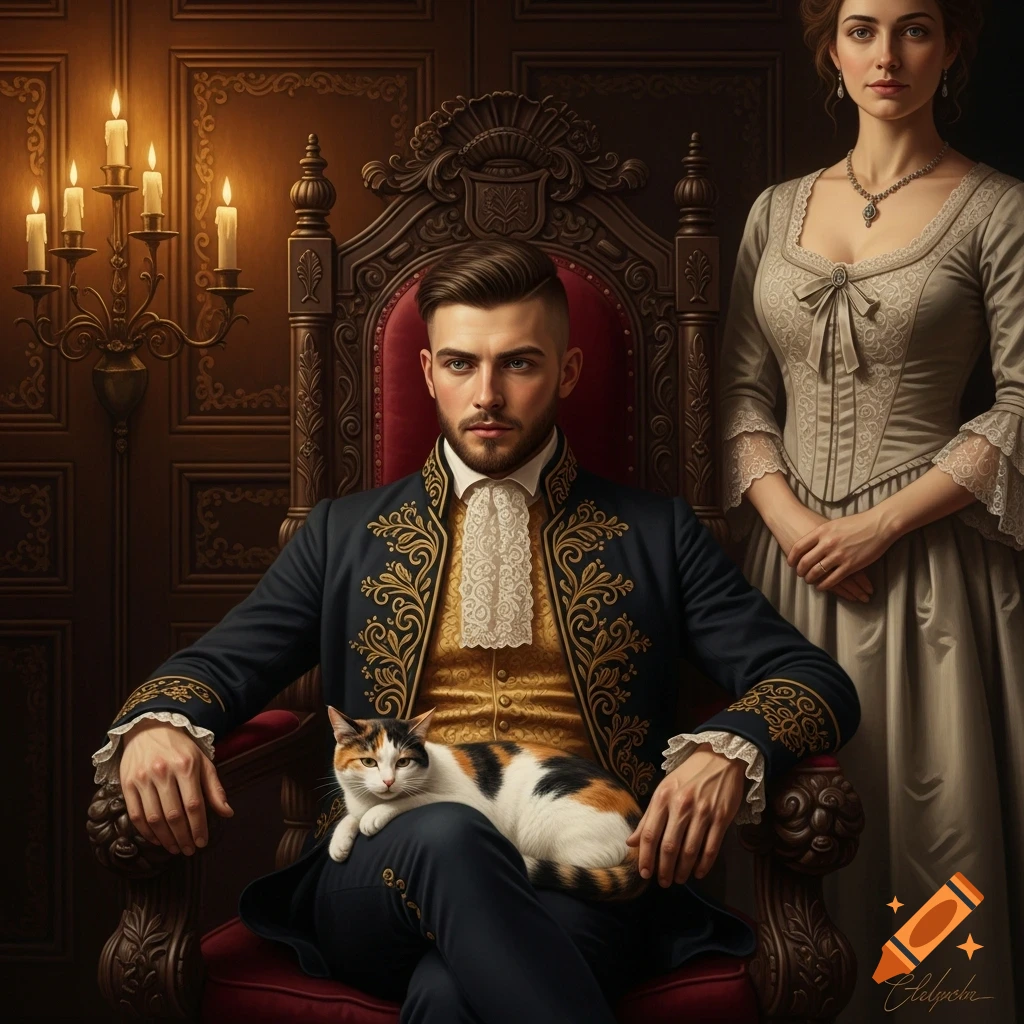Antique oil painting portrait of a Victorian man in a fancy suit with a calico cat on his lap, and a woman standing behind him.