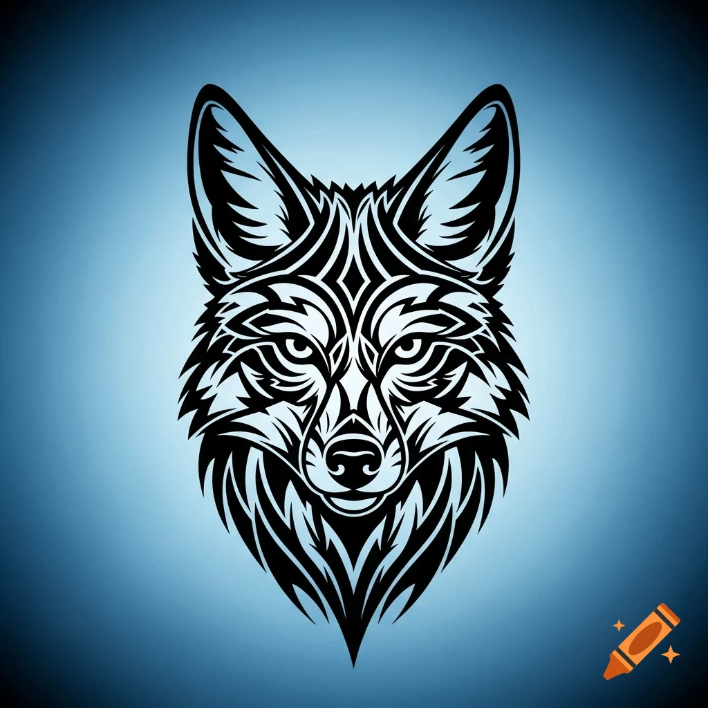 A black tribal tattoo style wolf head with intricate patterns, set against a glowing blue background.