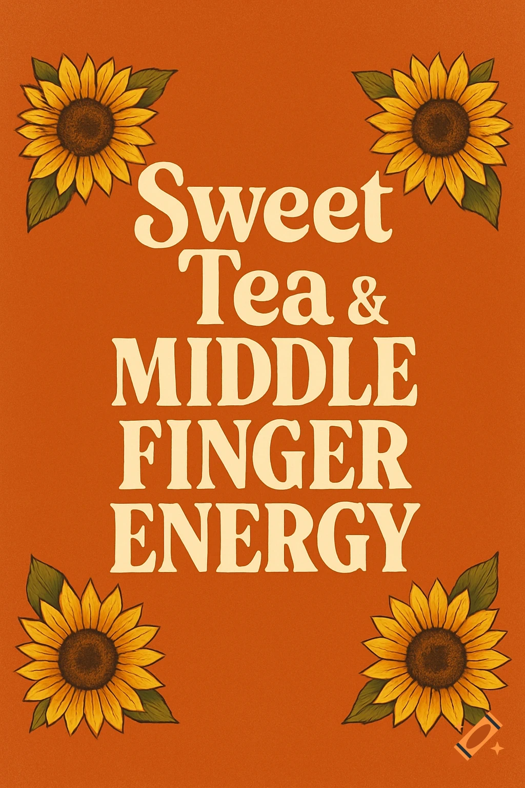 A graphic design with the text "Sweet Tea & MIDDLE FINGER ENERGY" in cream font on a burnt orange background, framed by stylized sunflowers in each corner.