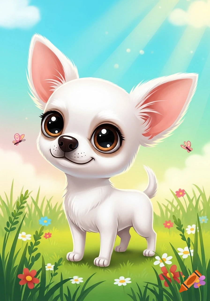 A cute white cartoon chihuahua with big eyes stands in a vibrant green field with flowers under a blue sky.