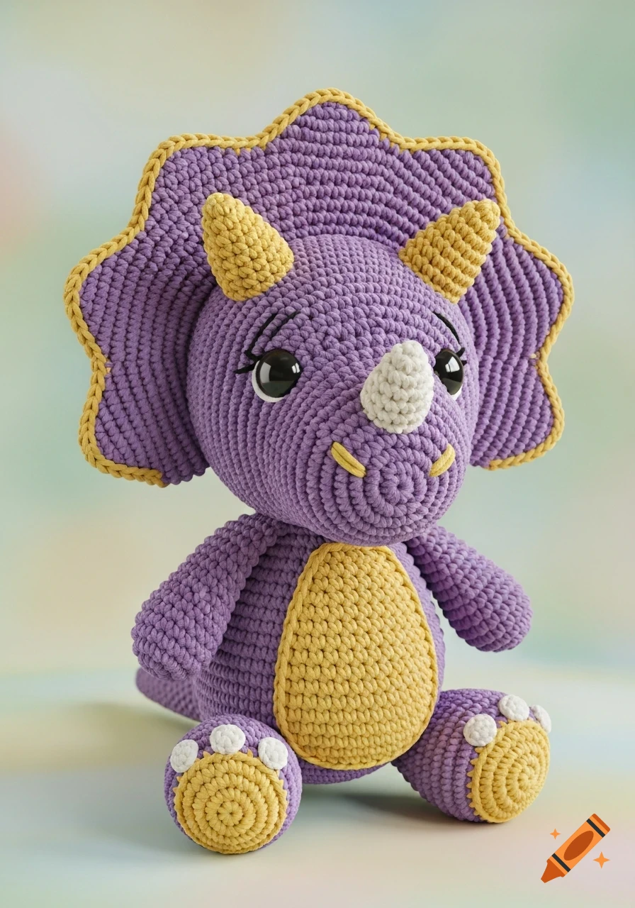 A cute purple and yellow crocheted triceratops toy sitting on a light, blurry background.