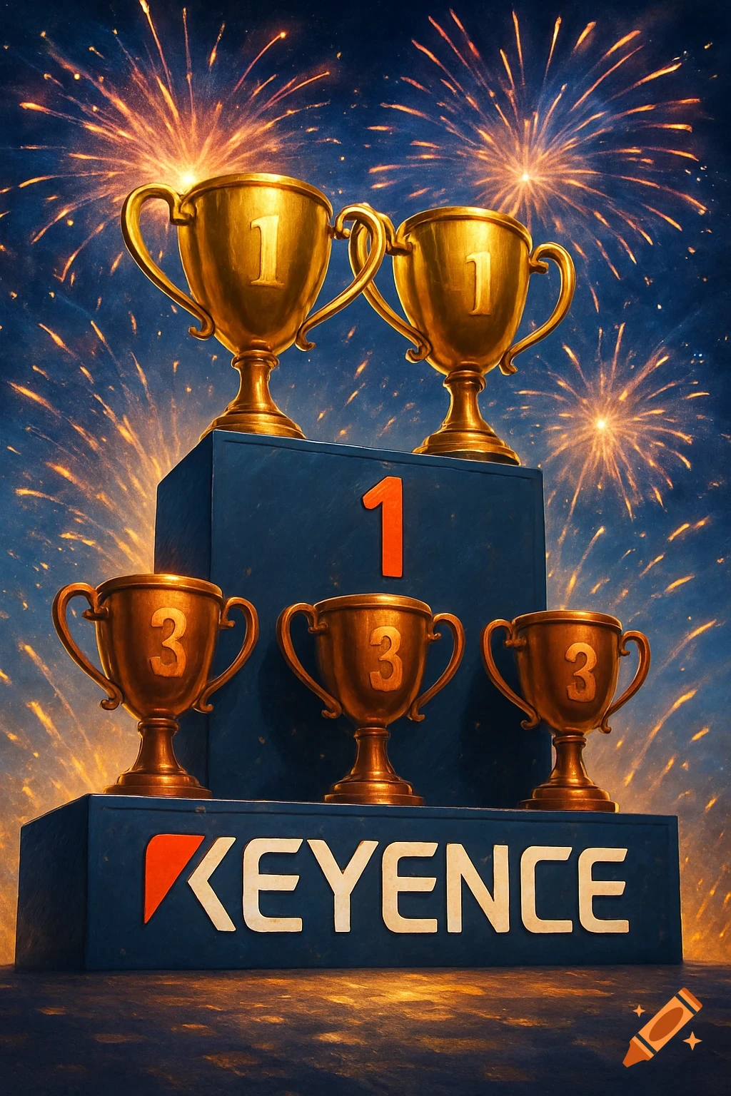 A blue victory podium with two gold trophies marked '1' on the top tier and three gold trophies marked '3' on the bottom tier, against a fireworks background. The podium features a large orange '1' and the 'KEYENCE' logo.