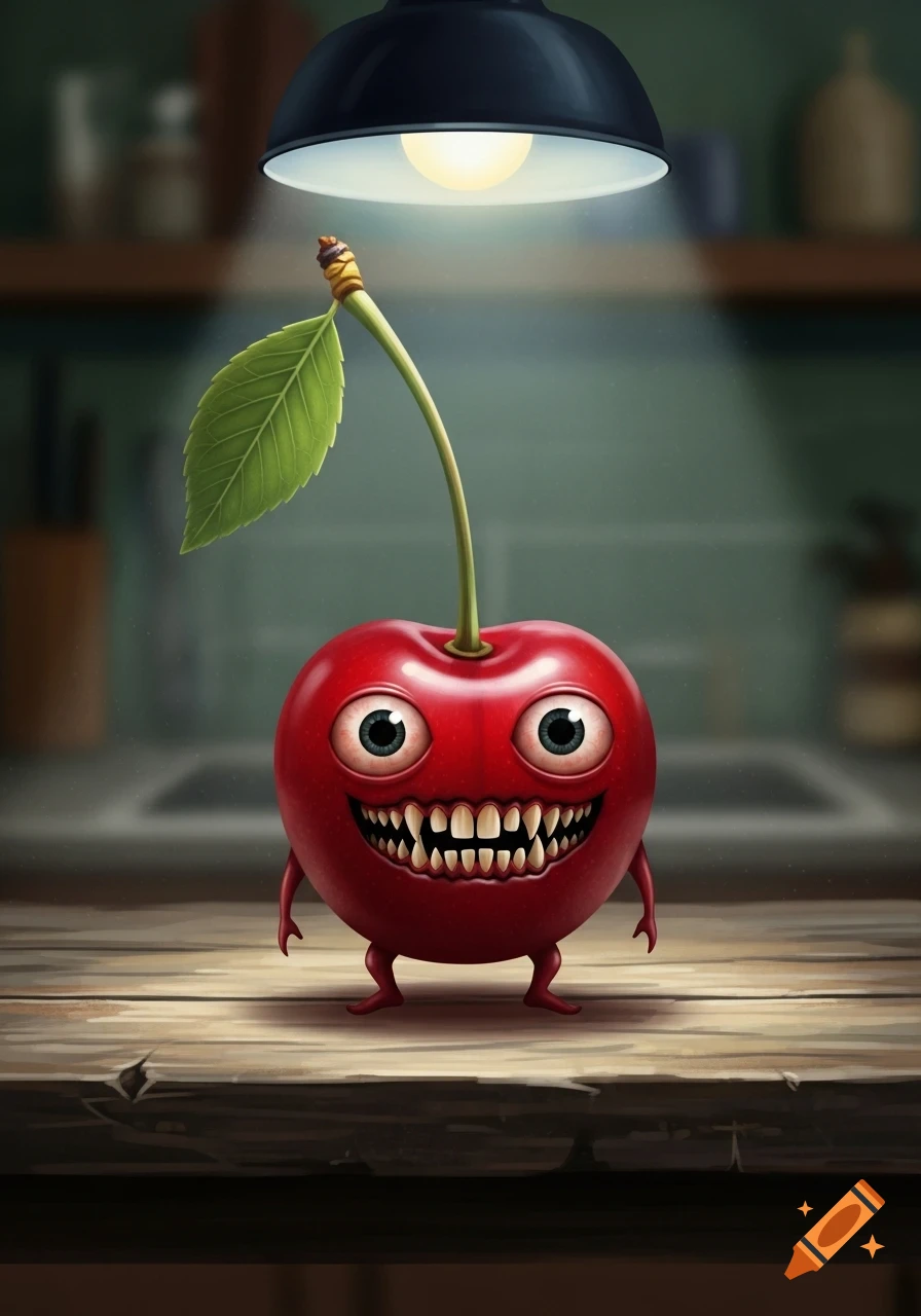 A cartoonish, monstrous red cherry with big bulging eyes, sharp teeth, and human-like limbs stands on a wooden table under a lamp.
