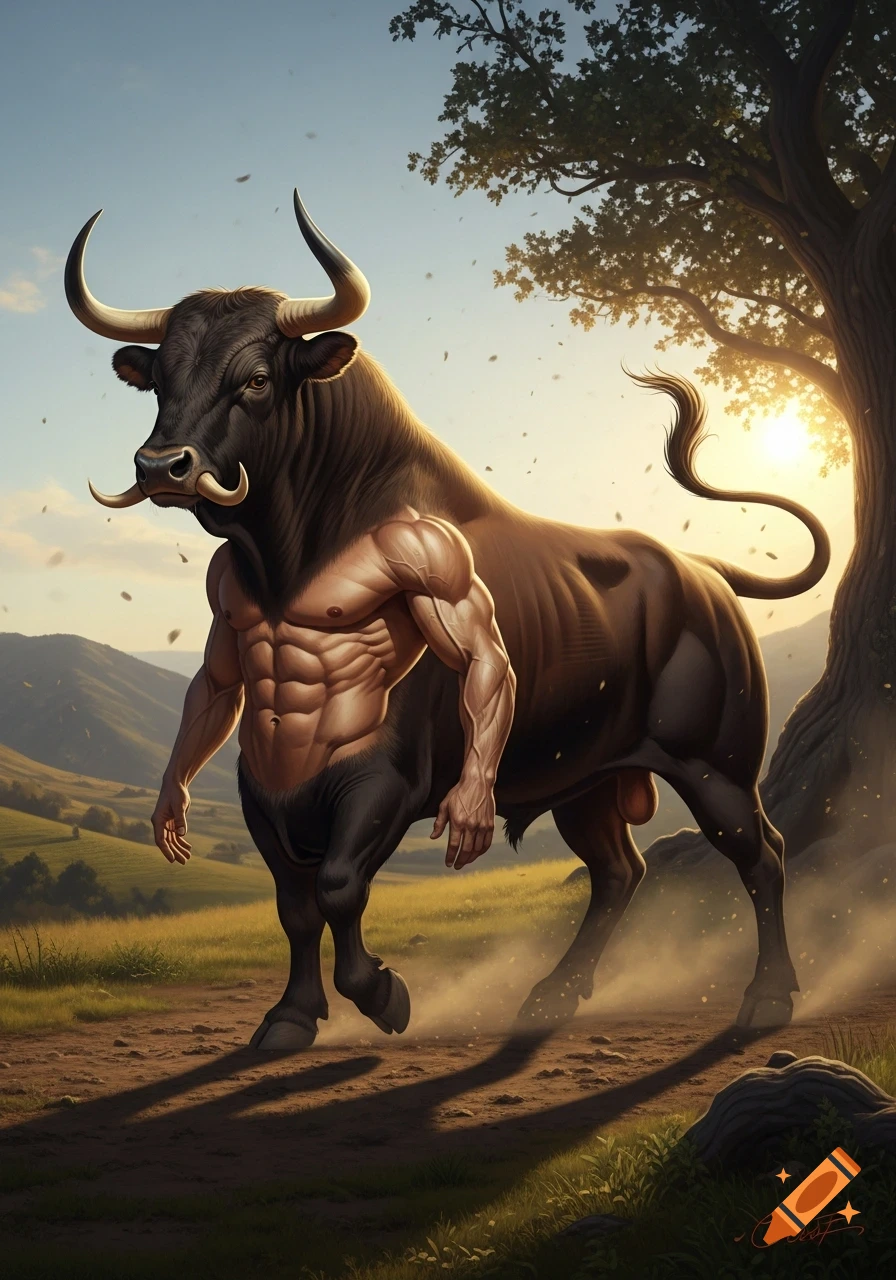 A muscular man with a bull's head and hindquarters walks across a sunlit, grassy field toward a large tree, in a fantasy art style.