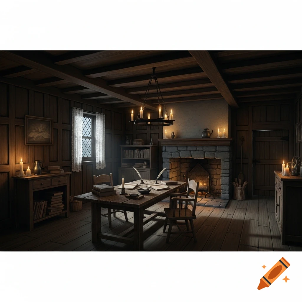 A dimly lit, wood-paneled historical room with a stone fireplace, writing table, and shelves, illuminated by candles.