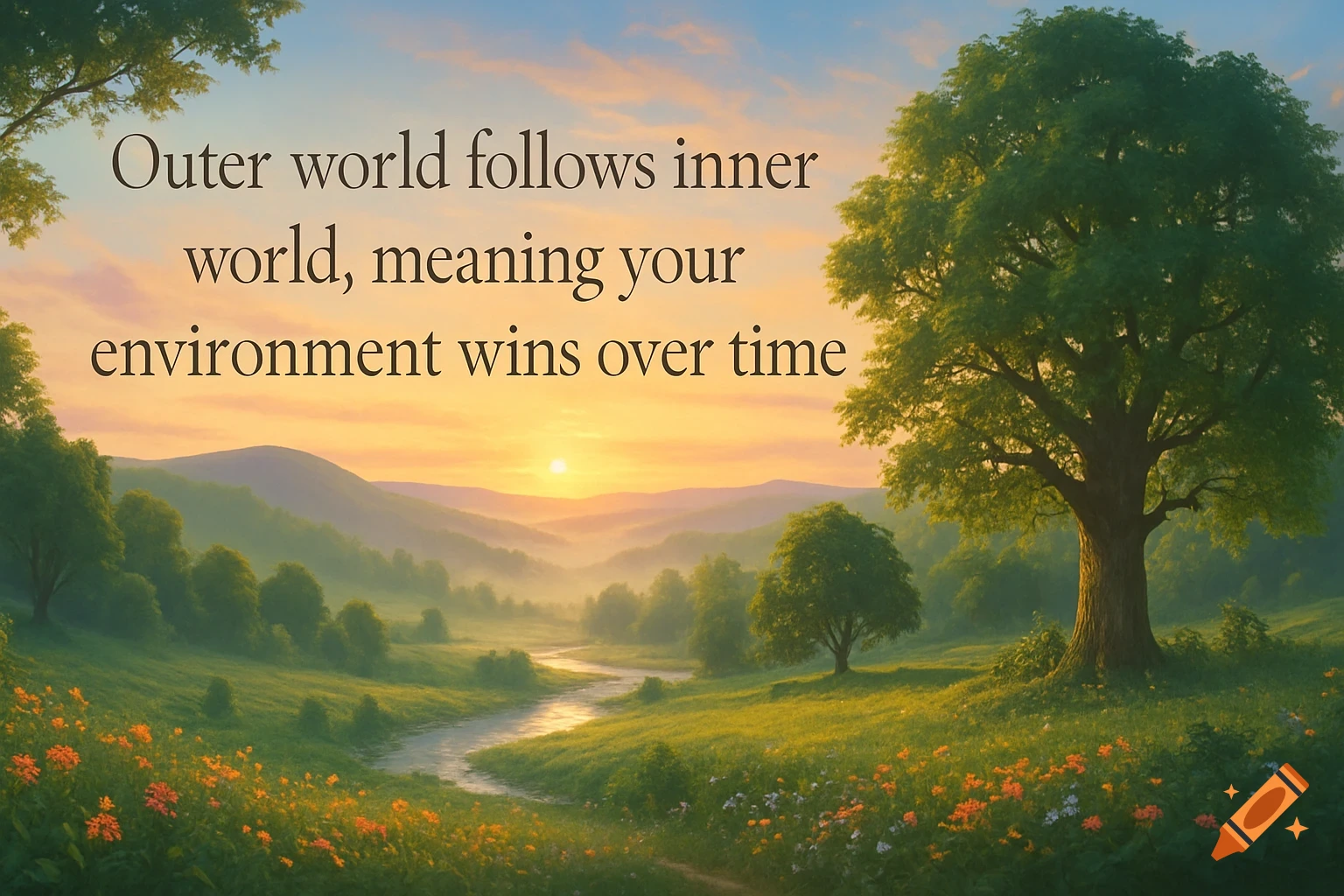 A serene natural landscape at sunrise or sunset, with rolling hills, a winding stream, lush green fields, and a large tree, featuring an inspirational quote in the sky.