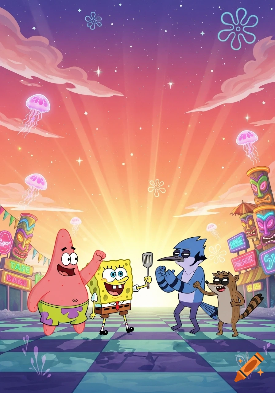 SpongeBob and Patrick stand with Mordecai and Rigby on a boardwalk at sunset, surrounded by tiki masks and jellyfish.