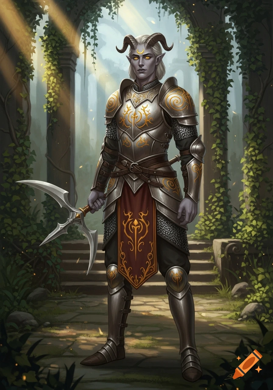 A grey-skinned male tiefling warrior with golden eyes and small horns stands in ornate armor, holding a crescent-bladed weapon in overgrown ruins.